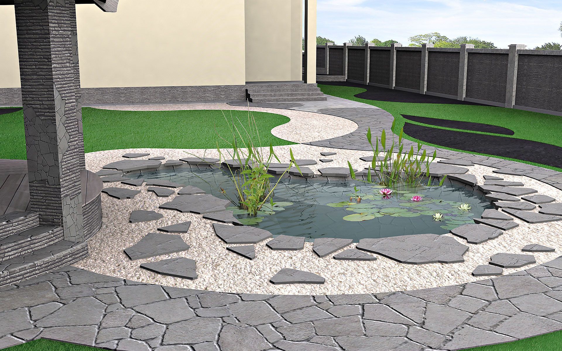 There is a pond in the middle of the yard surrounded by rocks.