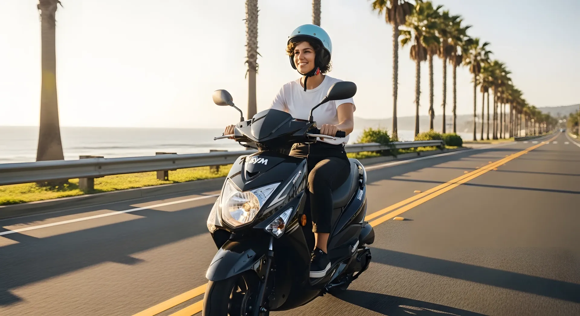 Uma pessoa usando um capacete azul pilota uma scooter preta ao longo de uma estrada costeira ladeada por palmeiras.