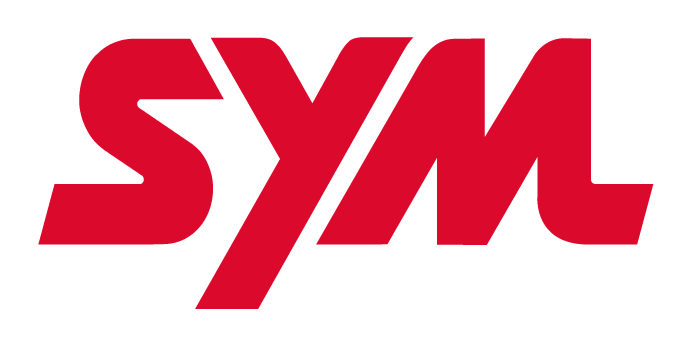 O logotipo da SYM apresenta letras prateadas metálicas sobre um fundo circular vermelho com borda prateada.