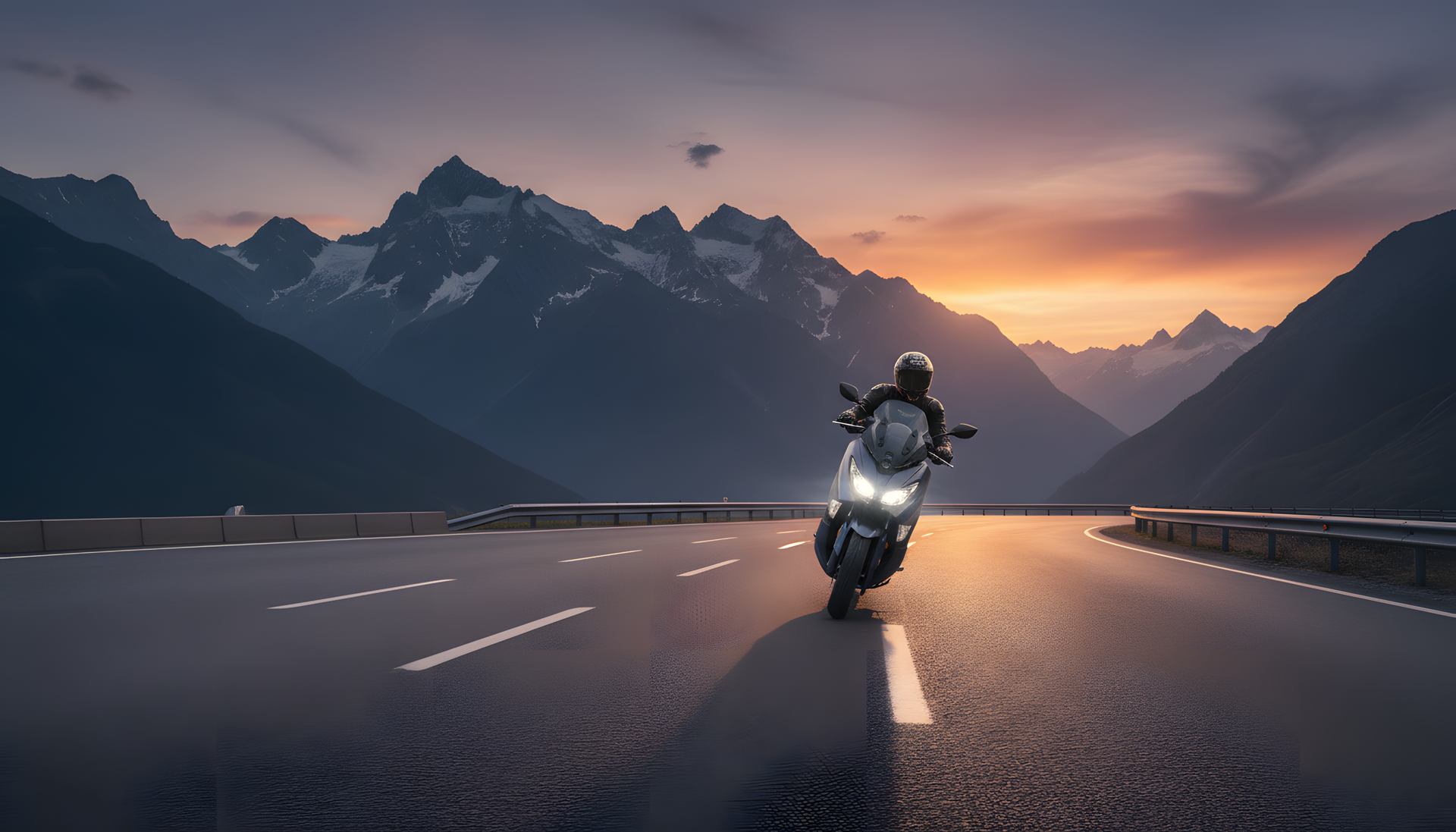 Um motociclista percorre uma estrada de montanha durante um pôr do sol vibrante, com picos nevados ao fundo.
