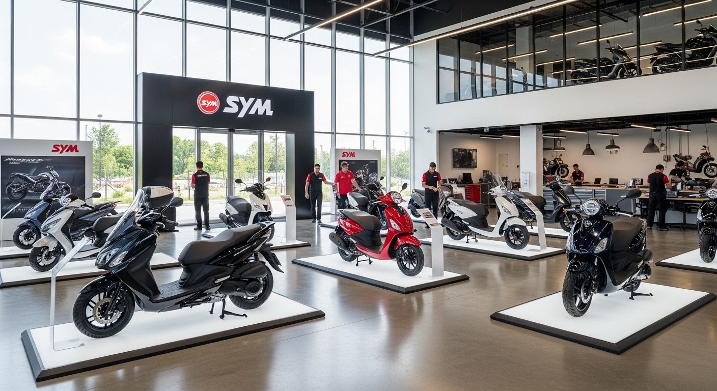 Um showroom luminoso da concessionária de motocicletas SYM, com fileiras de scooters expostas e funcionários atendendo os clientes.