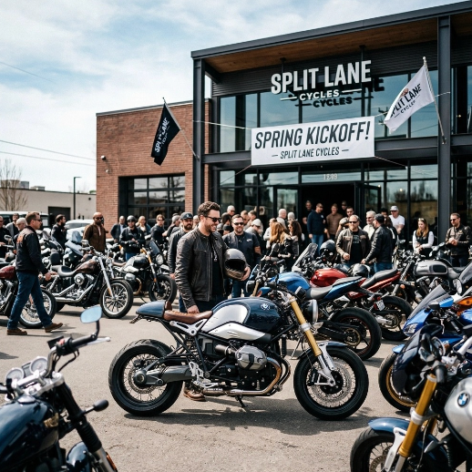 Crowd gathered at Split Lane Cycles for a Spring Kickoff event, with motorcycles parked outside a modern brick building.