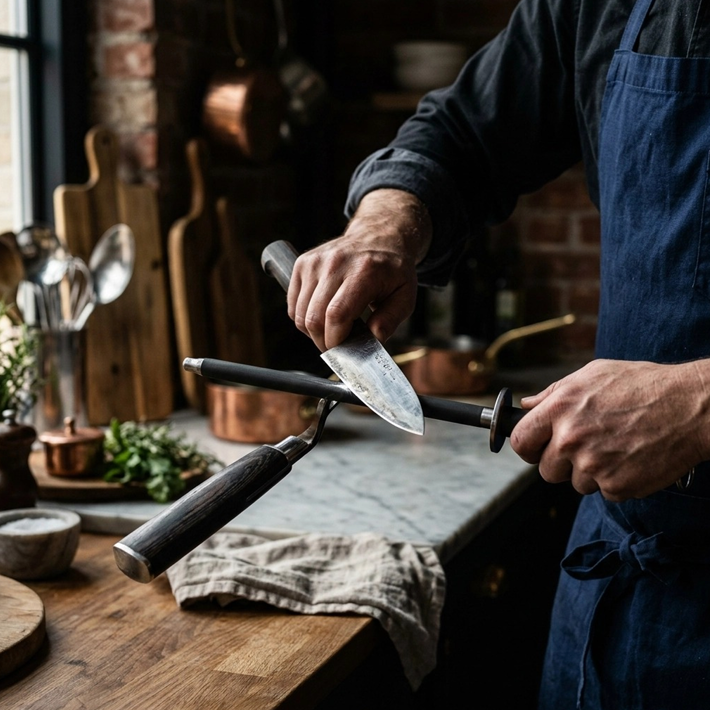 Hands sharpening a kitchen knife on a honing steel over a wooden workbench in a dim workshop
