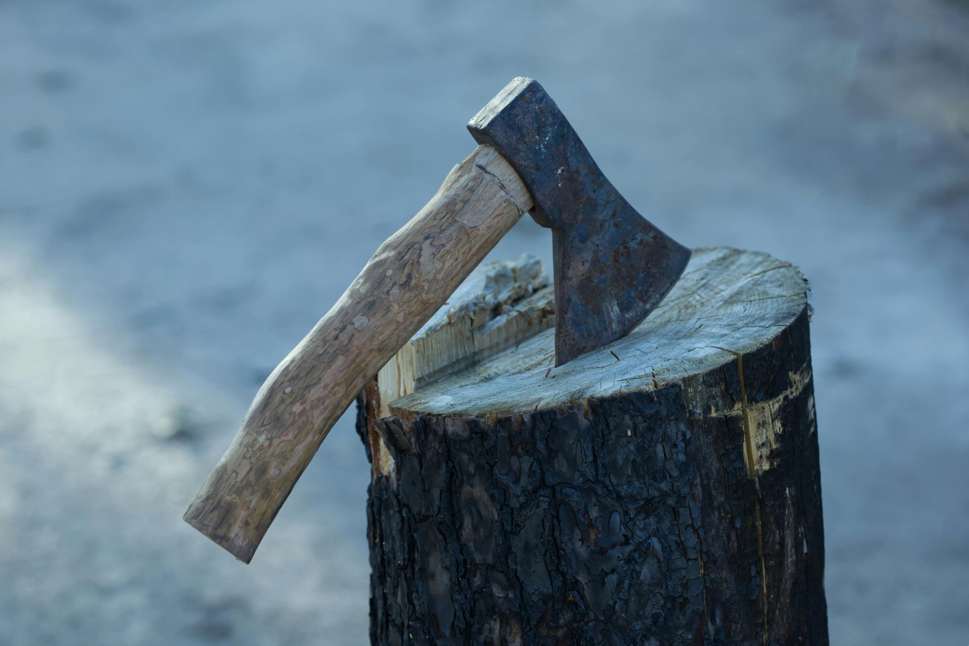 Axe embedded in a tree stump; the axe has a wooden handle and rusty metal head.