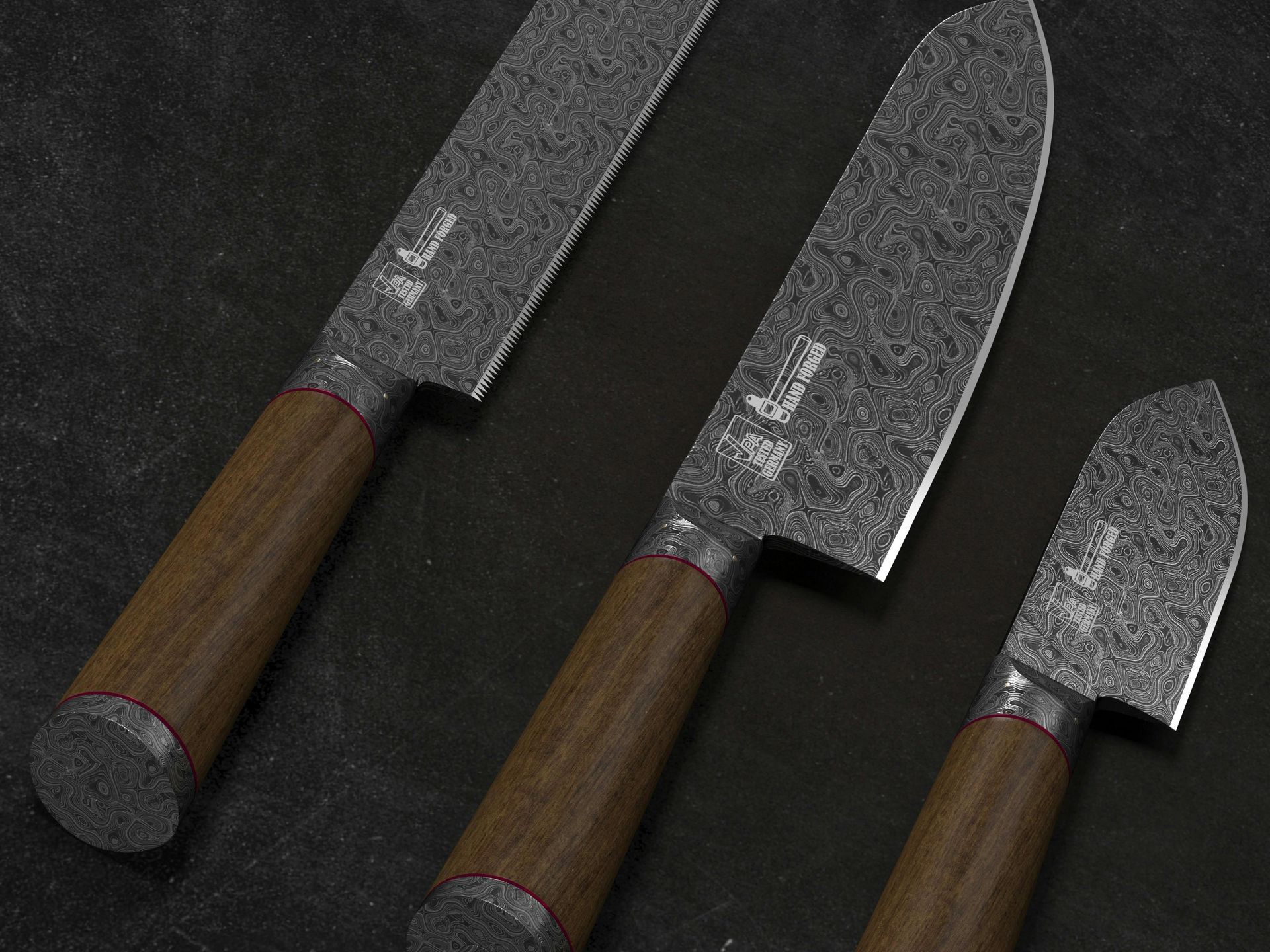 Three Japanese chef knives with dark wooden handles arranged on a dark surface.
