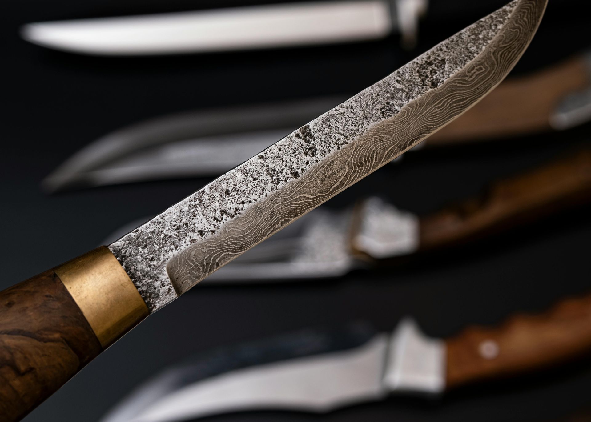 Close-up of a knife blade with wood handle, and other knives in soft focus against a dark background.