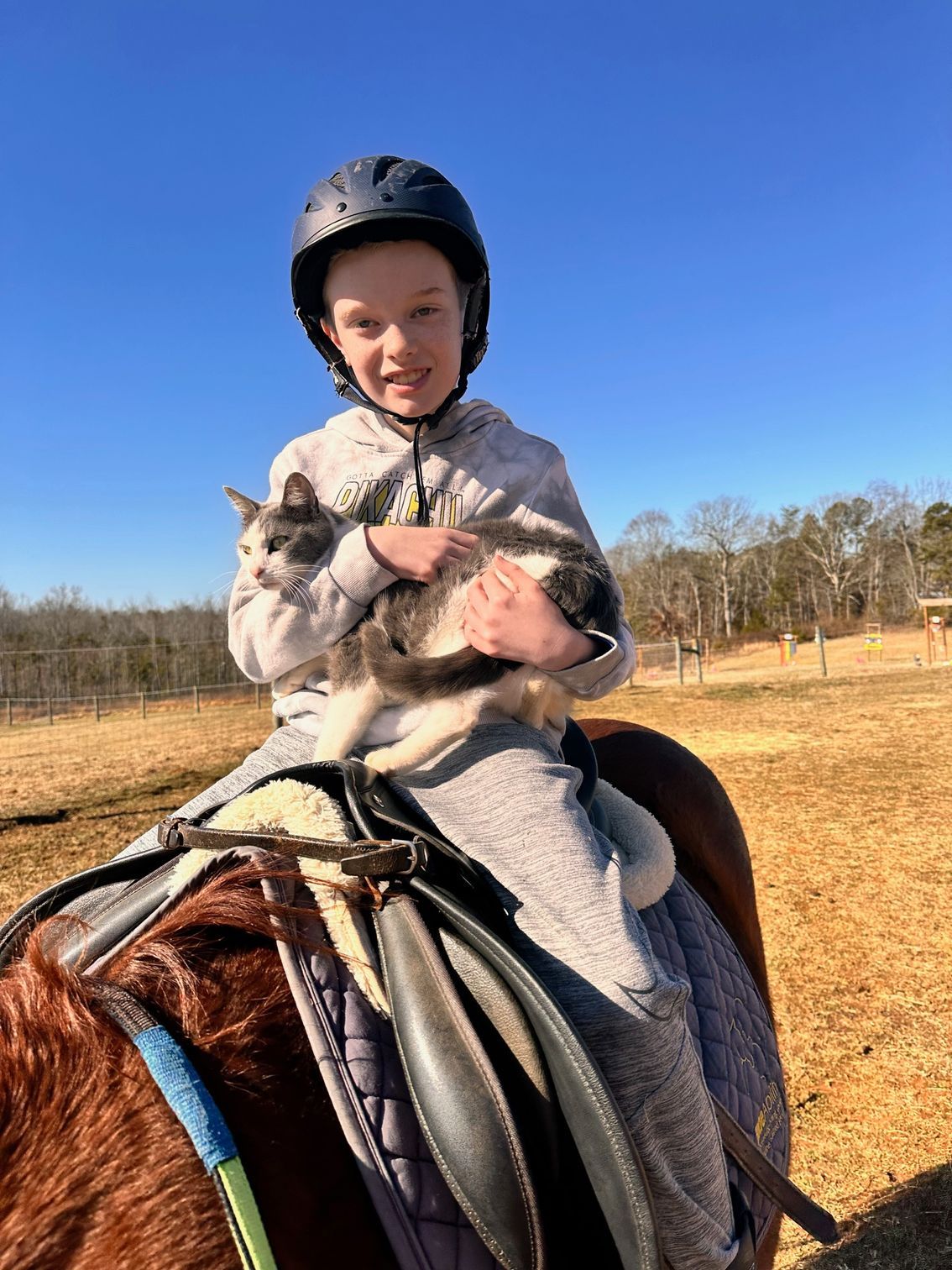 Boy in helmet holding cat on horseback in a field, smiling on a sunny day.
