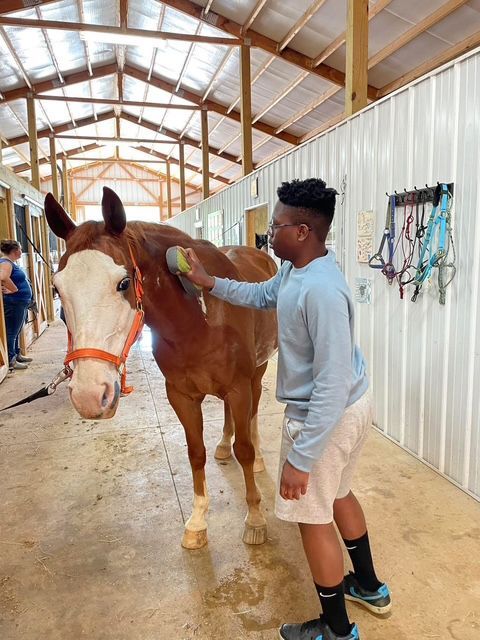 Girl on a brown and white horse wearing a helmet, in a riding arena.
