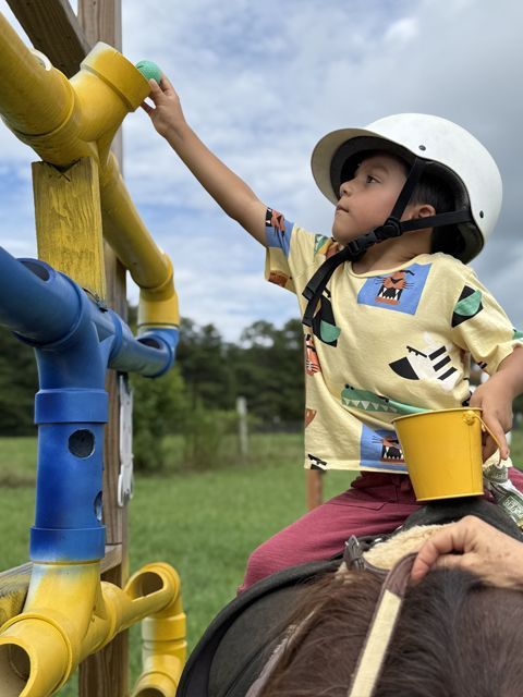 Child on a pony wearing a helmet, reaching for a ball on a colorful play structure outdoors.