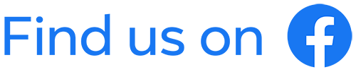 Find us on Facebook, blue text and Facebook logo.