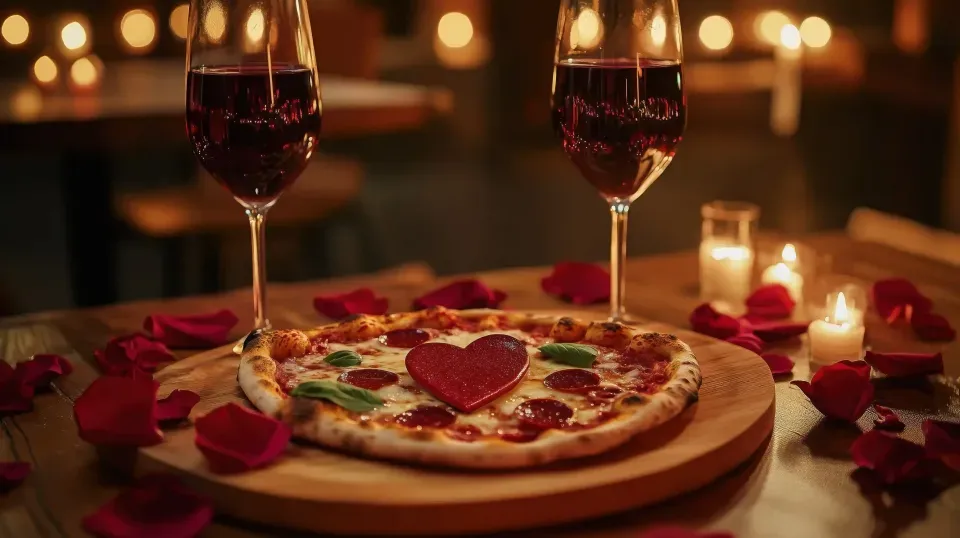 Pizza de pepperoni en forma de corazón con copas de vino tinto, plan romántico ideal para celebrar amor y amistad en Bogotá cerca de Vou Suites.