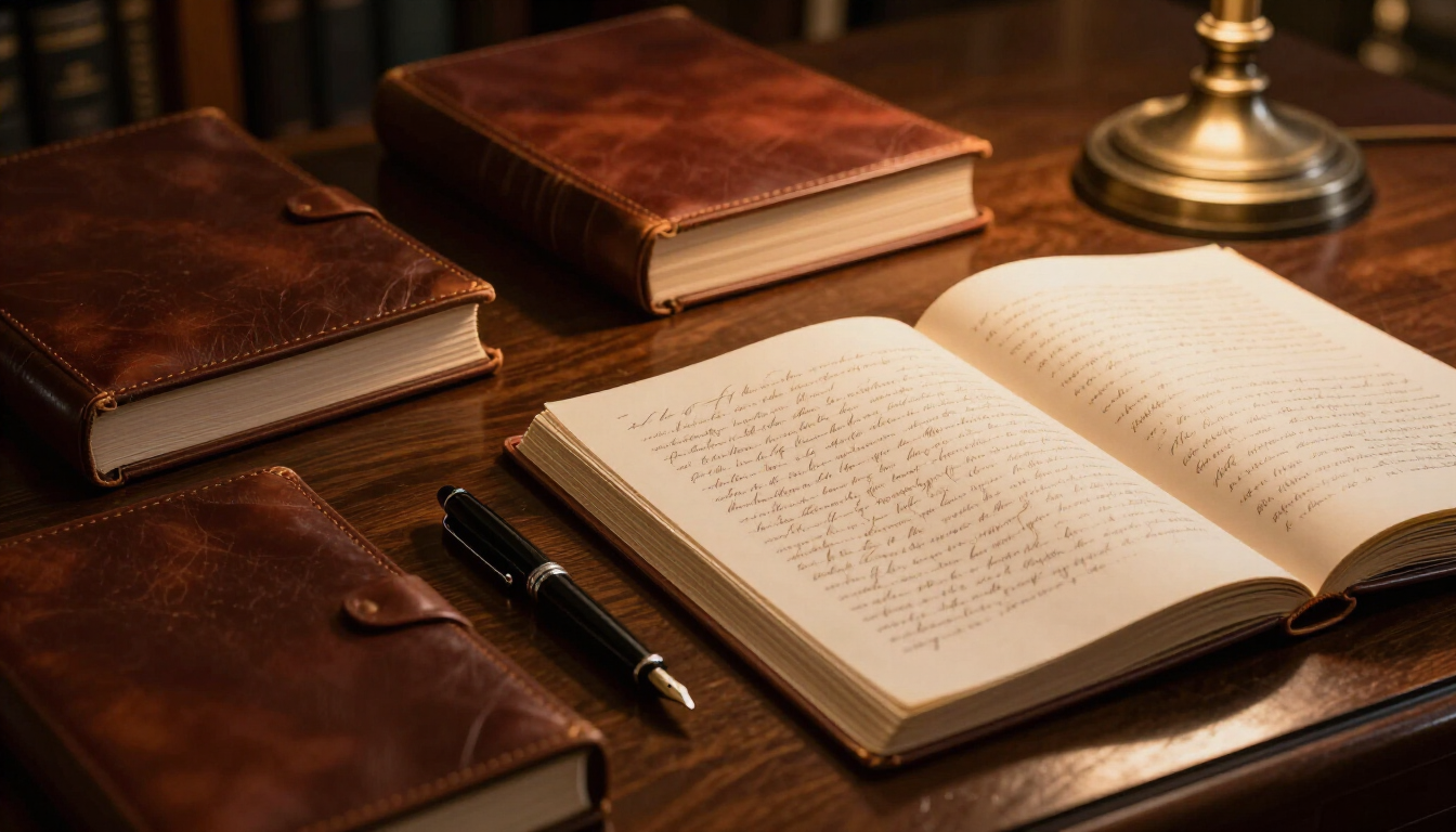 Sophisticated fountain pen writing on parchment representing elite English essay strategy