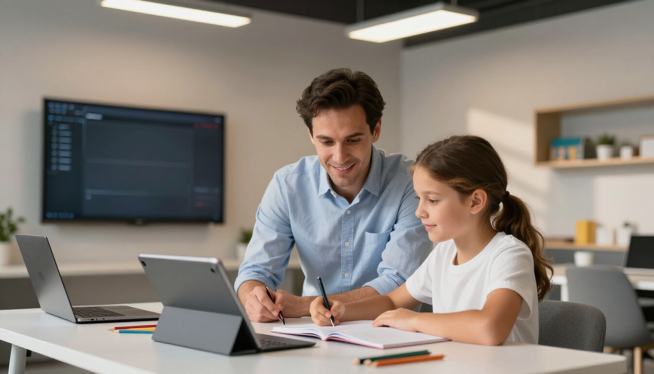 A tutor in a light blue shirt works with a student, writing in a notebook near a laptop and tablet at a white desk.