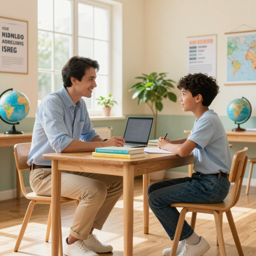 An instructor and a student sit at a wooden table in a classroom with globes, a laptop, and books, engaged in a lesson.
