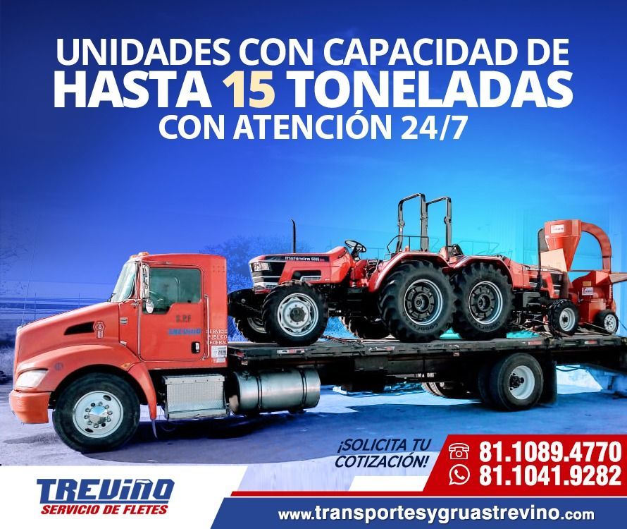 Camión rojo con tractor. Texto: Unidades con capacidad de 15 toneladas, servicio 24/7. Información de contacto proporcionada.