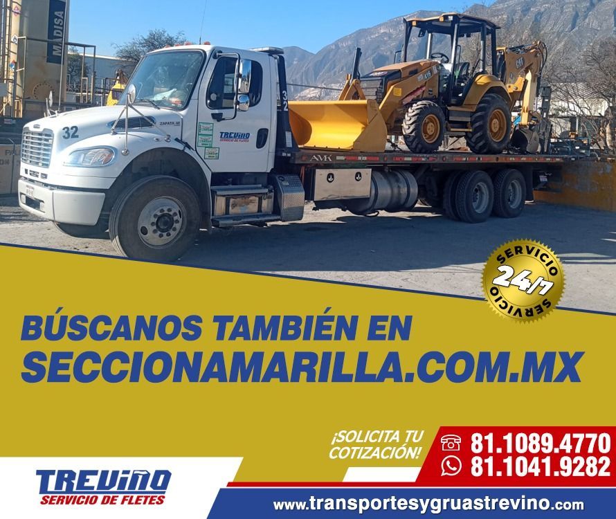 Camión blanco transportando una retroexcavadora amarilla. Texto promocional: 