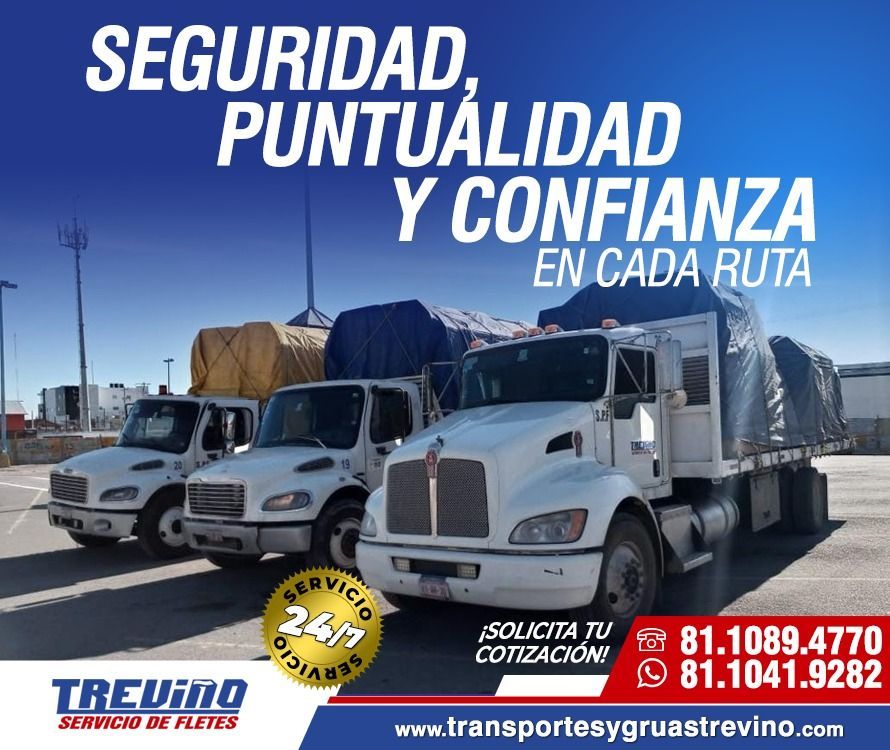 Tres camiones blancos con carga, que promocionan servicios de transporte de mercancías: seguridad, puntualidad y confianza. Incluye información de contacto y sitio web.
