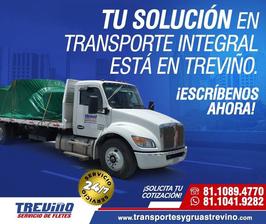 Camión blanco con carga verde y texto: «Tu solución en transporte integrado está en Treviño». Información de contacto incluida.
