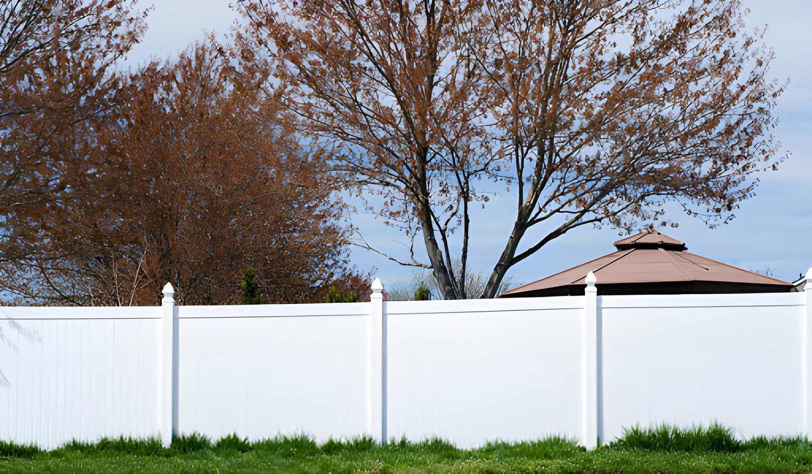 White PVC vinyl backyard fence with trees