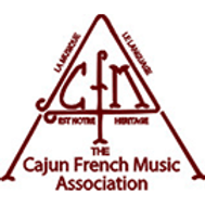 Logo of Cajun French Music Association. Red triangle & text & initials "CFMA". "La Musique, Le Langage, est notre heritage"