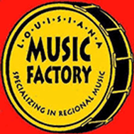 Logo for Louisiana Music Factory, featuring a drum with yellow center and text, red background.