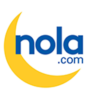 Logo for NOLA.com, with a crescent moon in yellow behind blue text.
