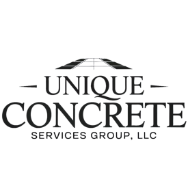 Logo for Unique Concrete Services Group, LLC, featuring the company name in dark teal with a geometric roof design above.