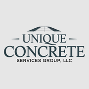 Logo for Unique Concrete Services Group, LLC, featuring dark teal text and a geometric roof design.
