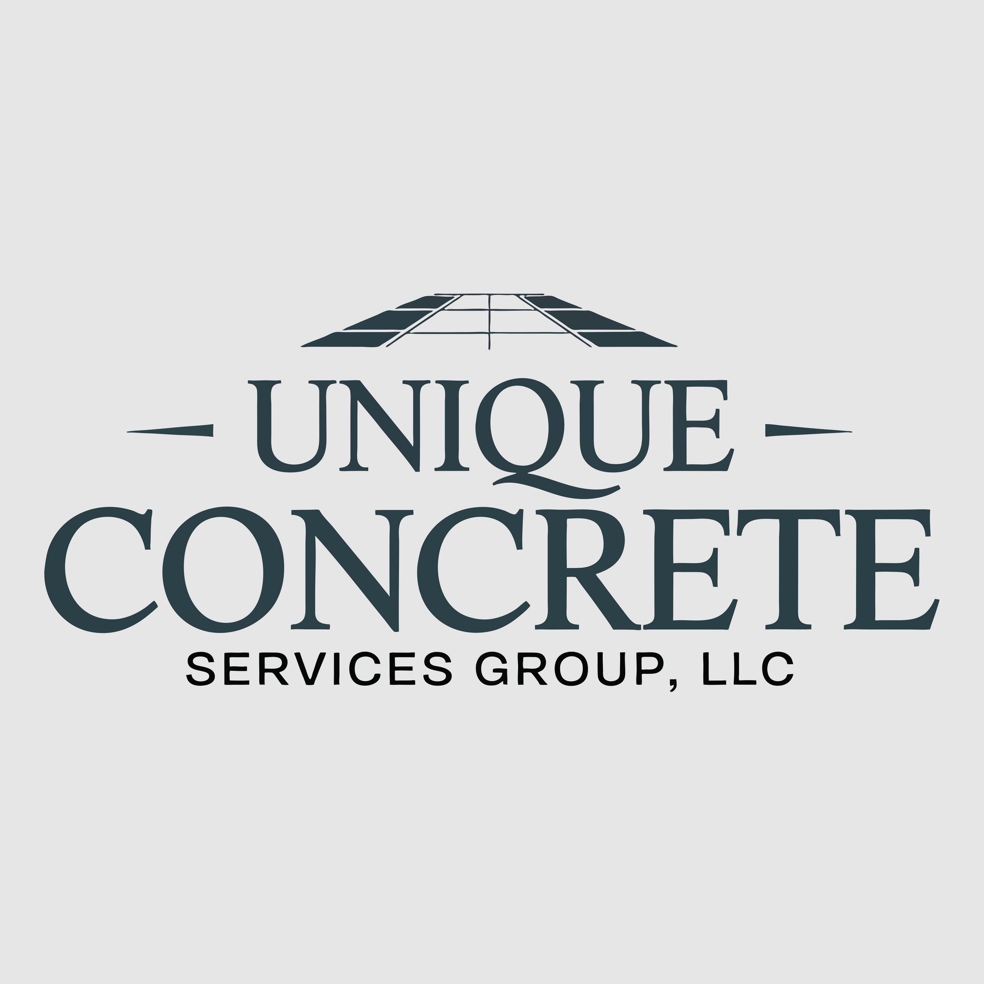 Logo for Unique Concrete Services Group, LLC. Dark gray text, graphic of a building. Light gray background.