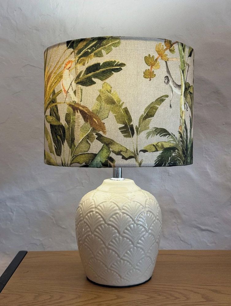 Lamp With Cream-colored Base, Patterned Shade Of Tropical Leaves — Brightway Lighting in Lismore, NSW