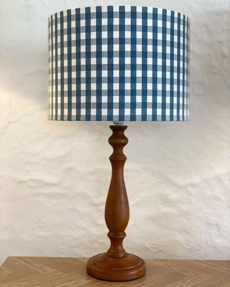 Wooden Table Lamp With Blue And White Gingham Shade — Brightway Lighting in Lismore, NSW