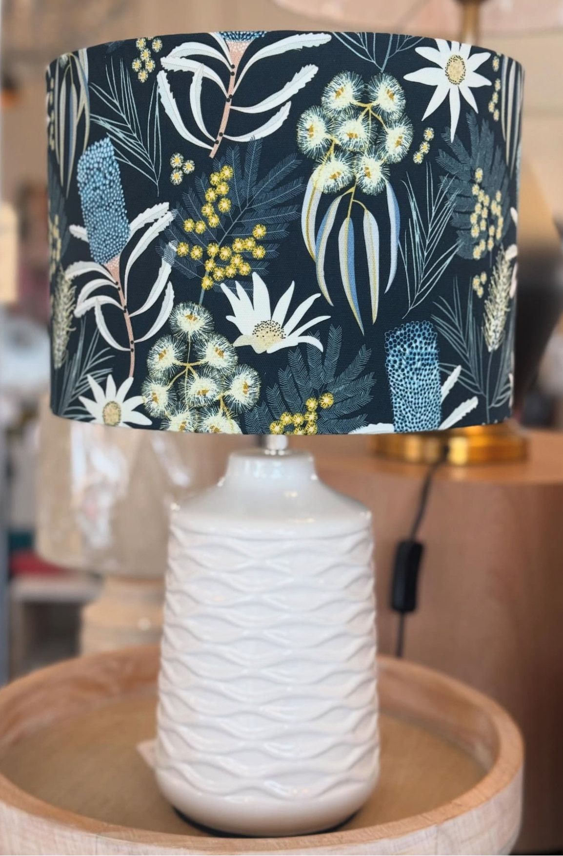White lamp with textured base and floral-patterned lampshade — Brightway Lighting in Lismore, NSW