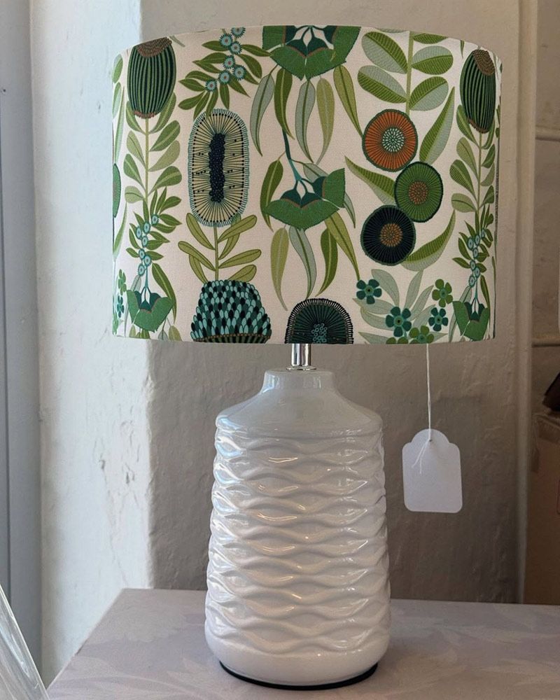 White Lamp With Textured Base And Floral Print Lampshade — Brightway Lighting in Lismore, NSW