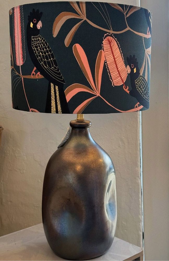 Black Cockatoo Lamp With Dark Green And Coral Shade — Brightway Lighting in Lismore, NSW
