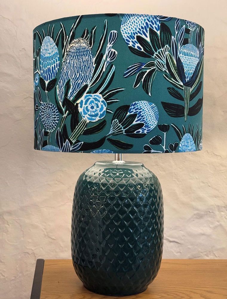 Teal Lamp With Textured Base And Floral Lampshade — Brightway Lighting in Lismore, NSW