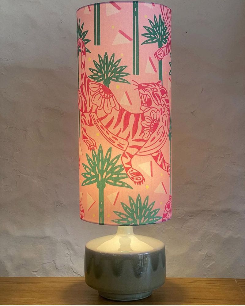 Table Lamp With Pink Tiger Print And Green Trees Lampshade — Brightway Lighting in Lismore, NSW