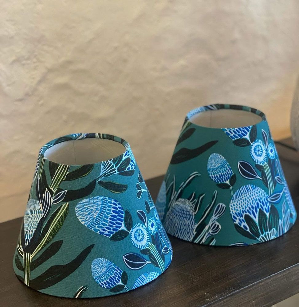 Two Teal Lampshades With Blue Floral Patterns — Brightway Lighting in Lismore, NSW