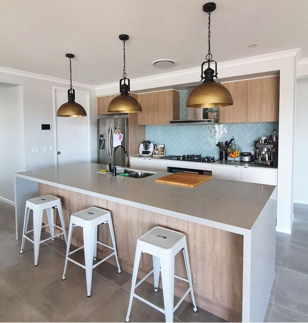Kitchen With Island, White Stools, and Pendant Lights — Brightway Lighting in Lismore, NSW
