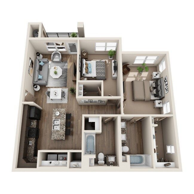 Floor plan of a two-bedroom apartment, rendered in a top-down view; kitchen, living room, and bedrooms.