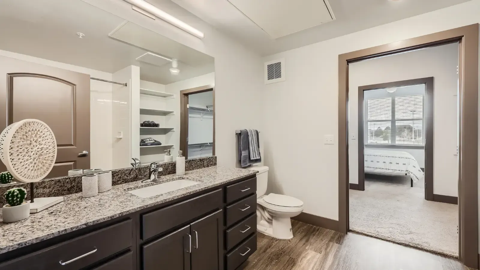 Bathroom with granite countertop, single sink, large mirror, toilet, and an open closet next to it.