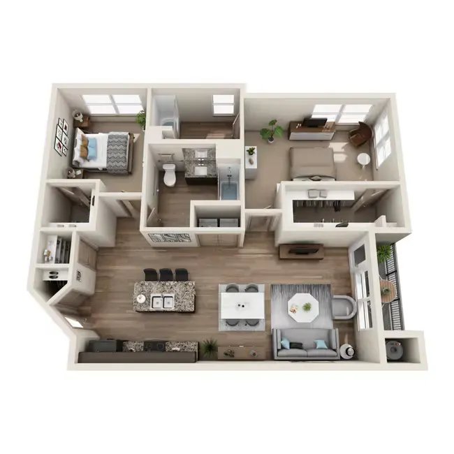 Floor plan of a two-bedroom apartment. Brown flooring, kitchen with island, living room, and two bedrooms.