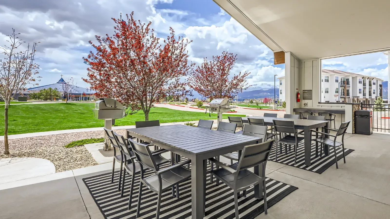Outdoor community dining area with grills and covered seating.