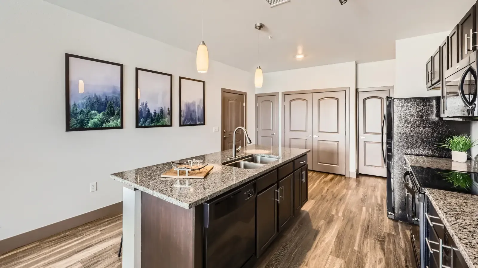 Modern kitchen with granite island, stainless steel appliances, and dark wood cabinets.