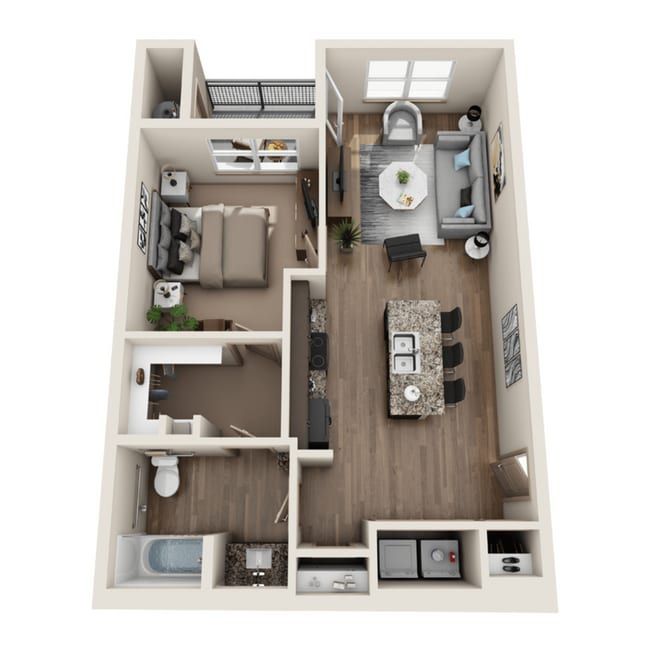 Floor plan of a one-bedroom apartment with living area, kitchen, bedroom, and bathroom.