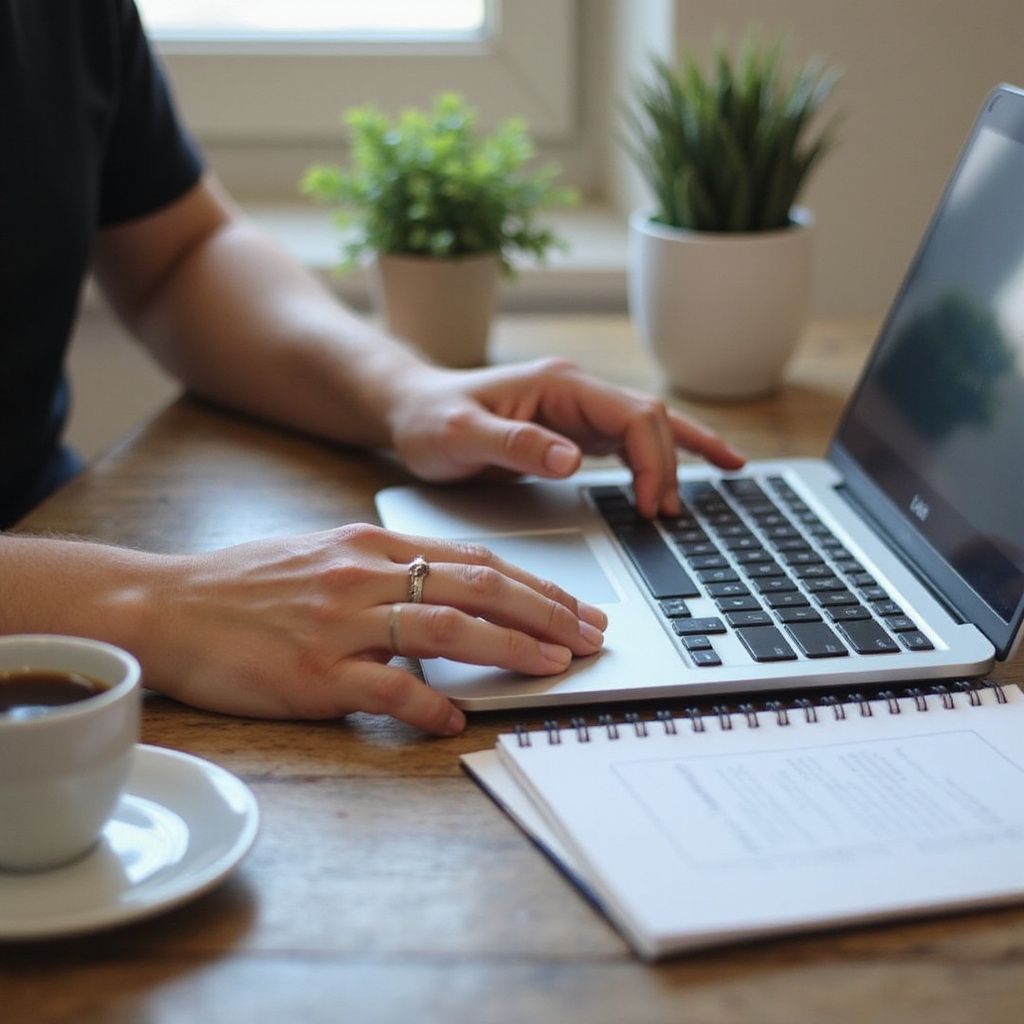 Person typing on a laptop at a wooden table, next to a coffee cup and notebook.