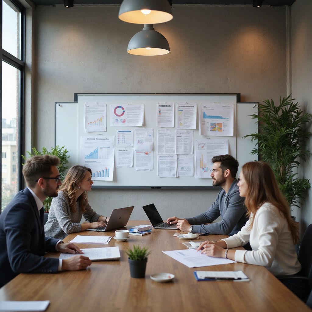 Four people in business attire at a conference table, looking at laptops and documents, with papers on a whiteboard.