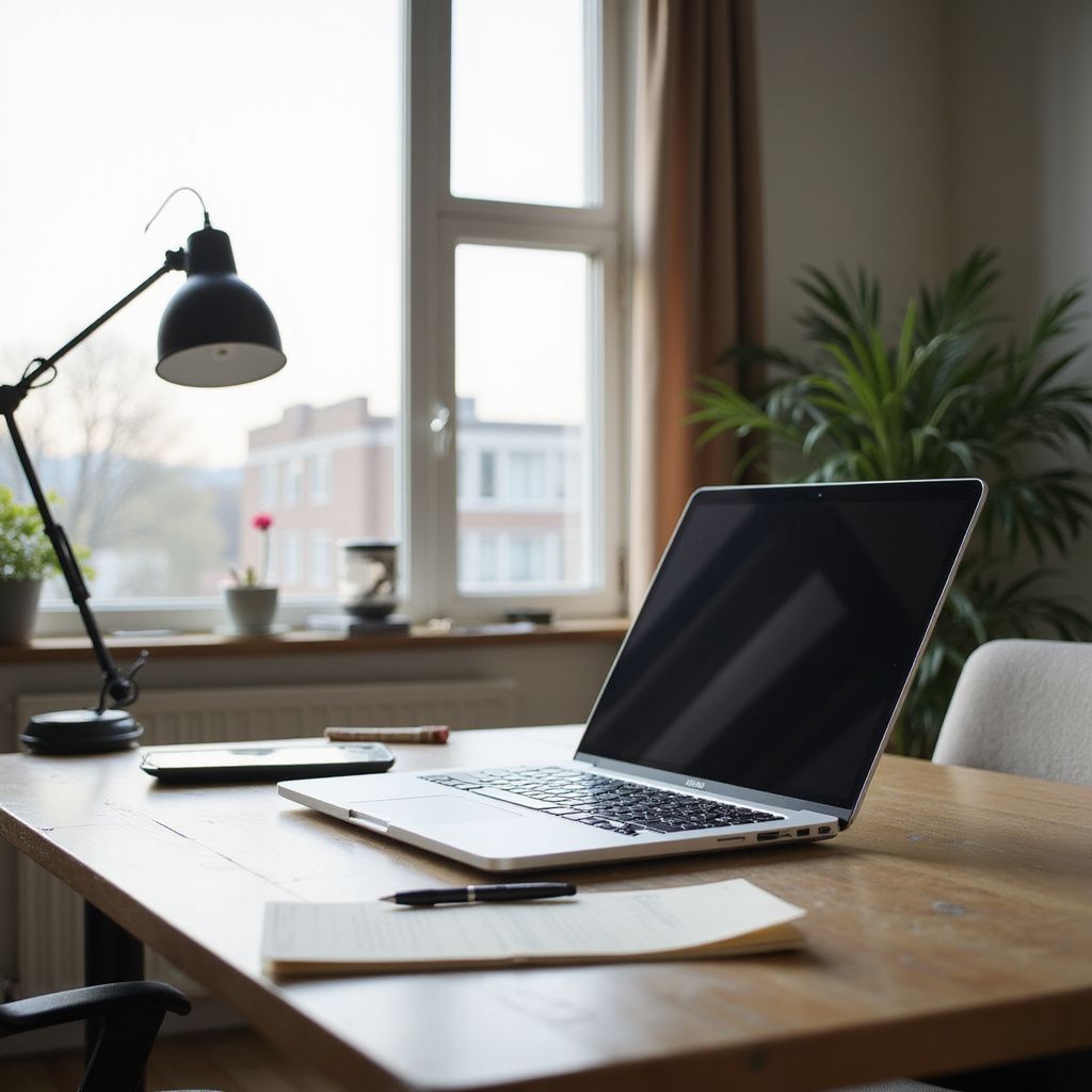 Laptop and desk lamp on a wooden desk near a window, with a plant in the background.