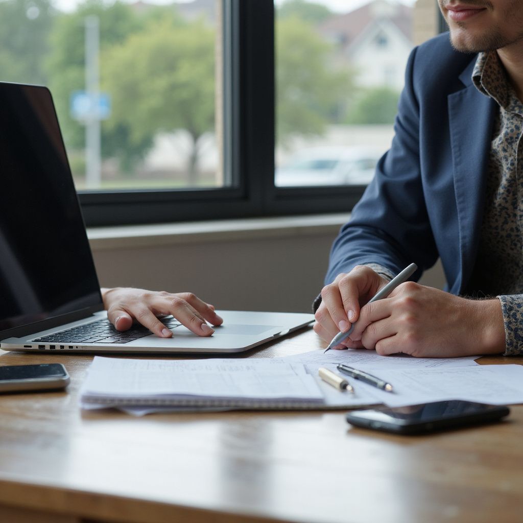 Person in a blue blazer working on a laptop and writing on paper at a wooden desk near a window.