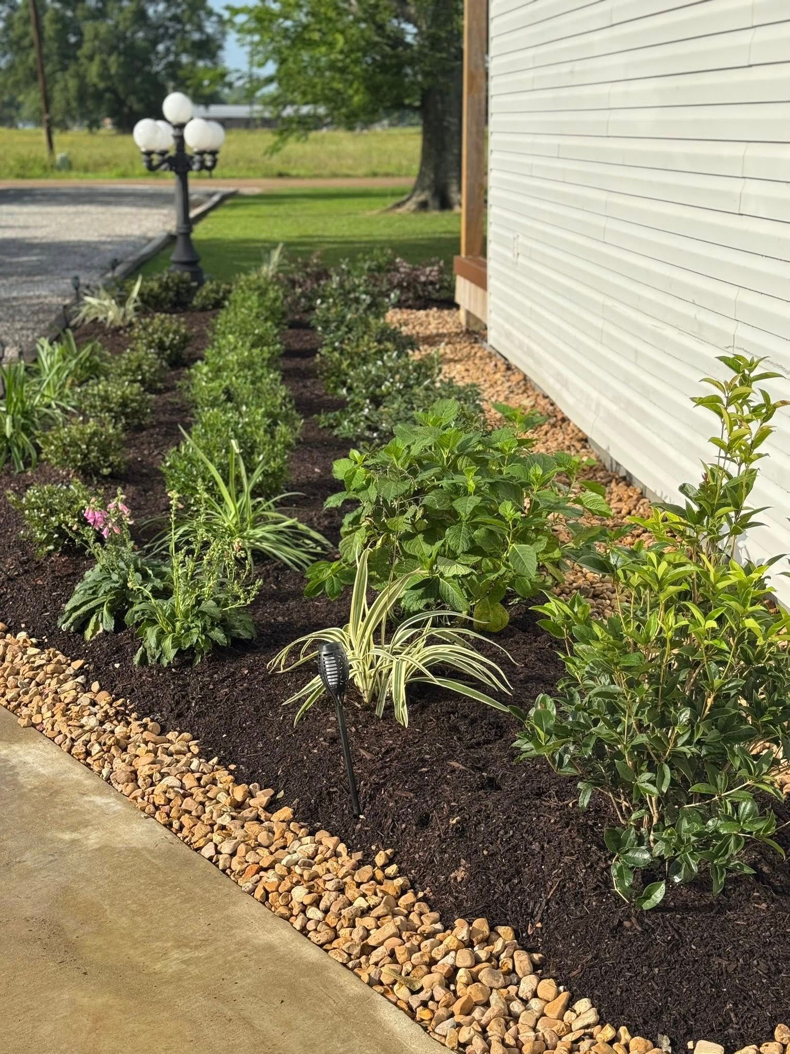 Flower bed with brown mulch, edged with tan rocks, along a building.