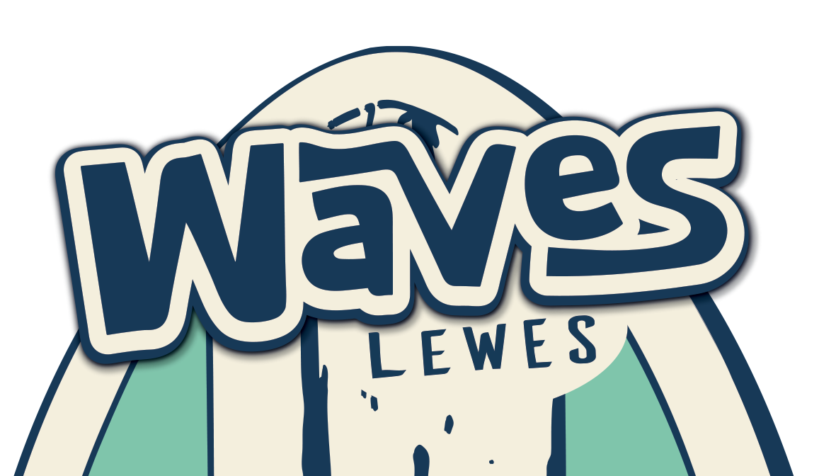 WAVES CAR WASH LOGO - VINTAGE SURFBOARD WITH THE WORD WAVES  and Lewes ON TOP